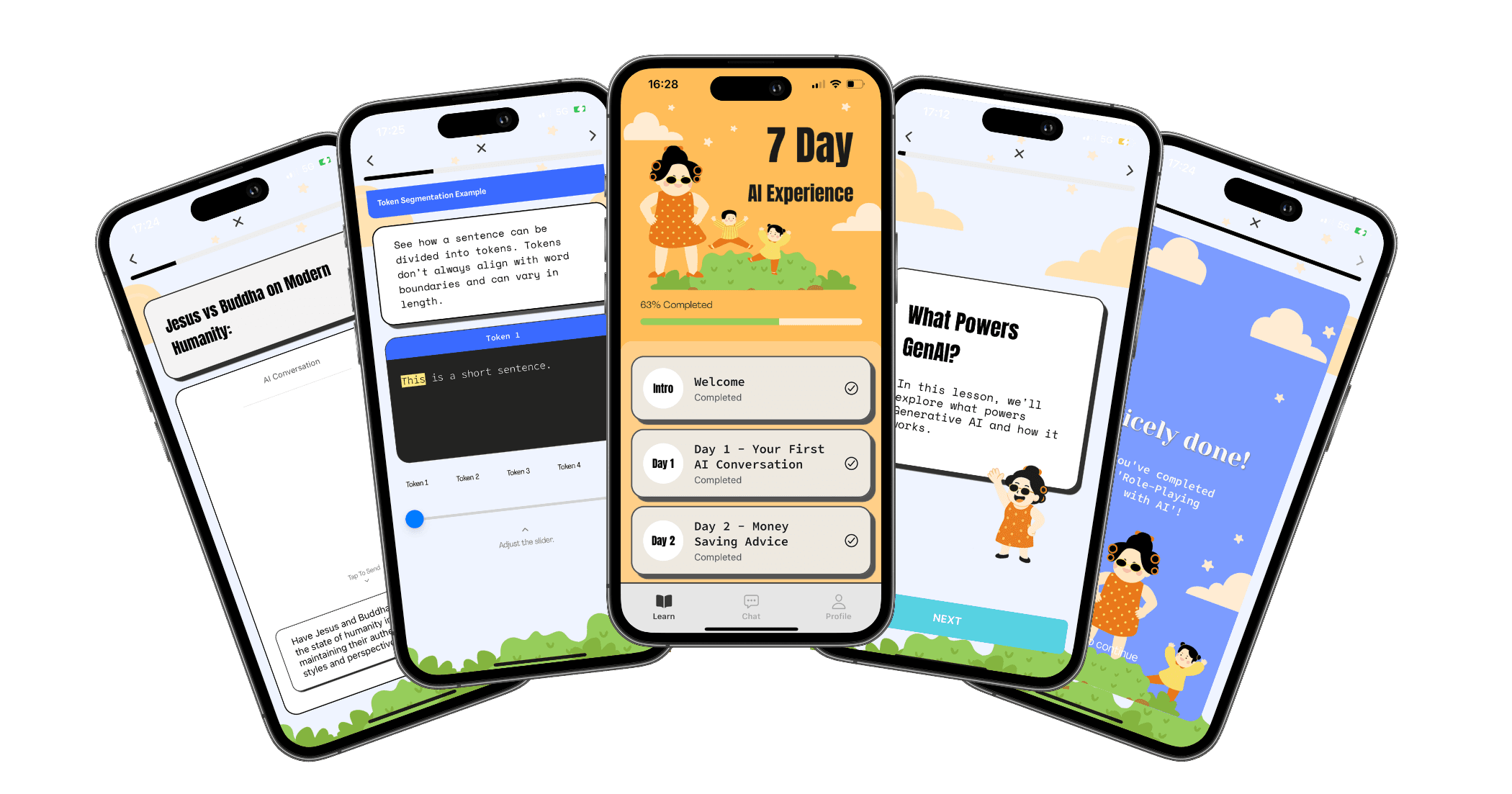 Day One Learn mobile screens showing its seven-day learning journey and interactive AI lessons