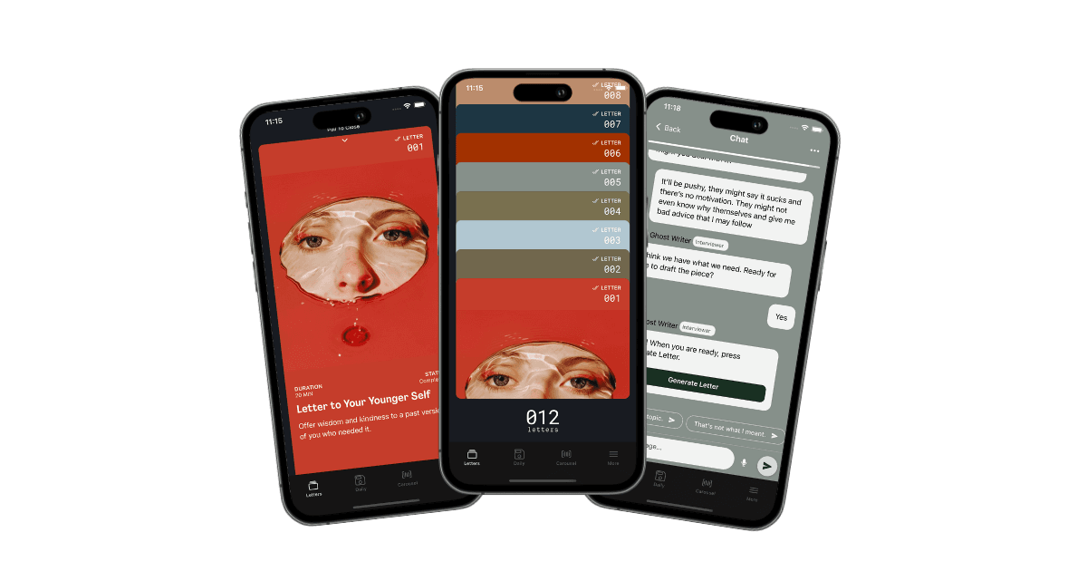 12 Letters mobile screens showing its letter collection and AI-guided writing conversation