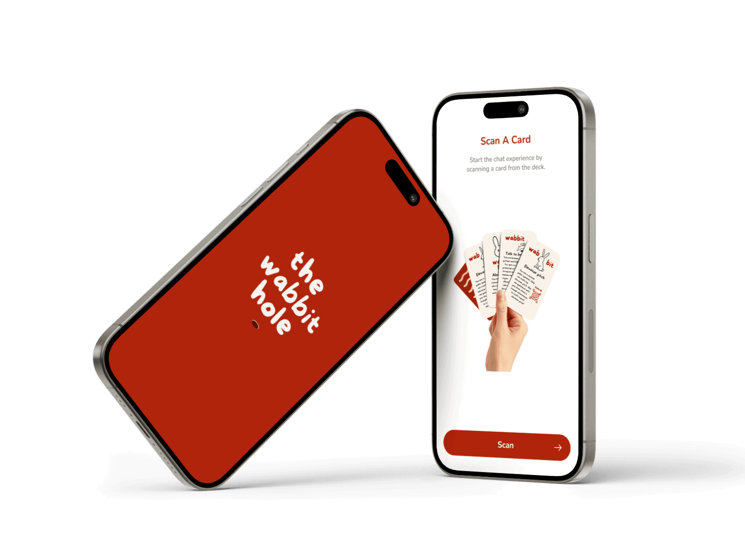 Wabbit Hole Cards mobile screens with the card-scanning interface and red product branding