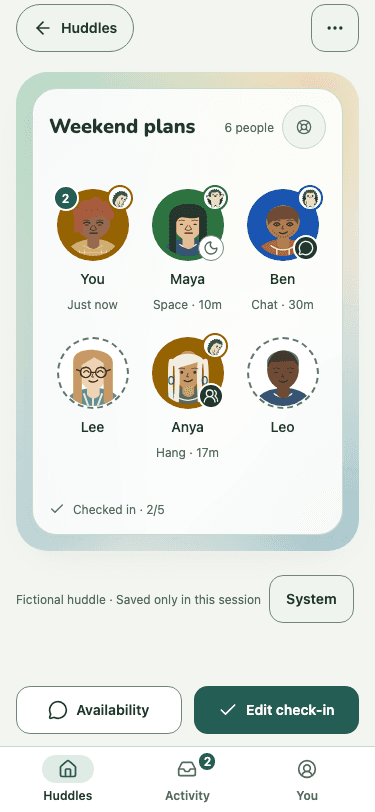 Huddle's fictional demo group showing personal check-ins and separate Chat, Hang, and Space availability signals