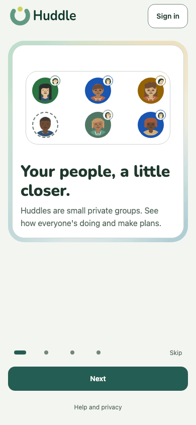 Huddle's introduction showing illustrated people and the invitation to bring your people a little closer
