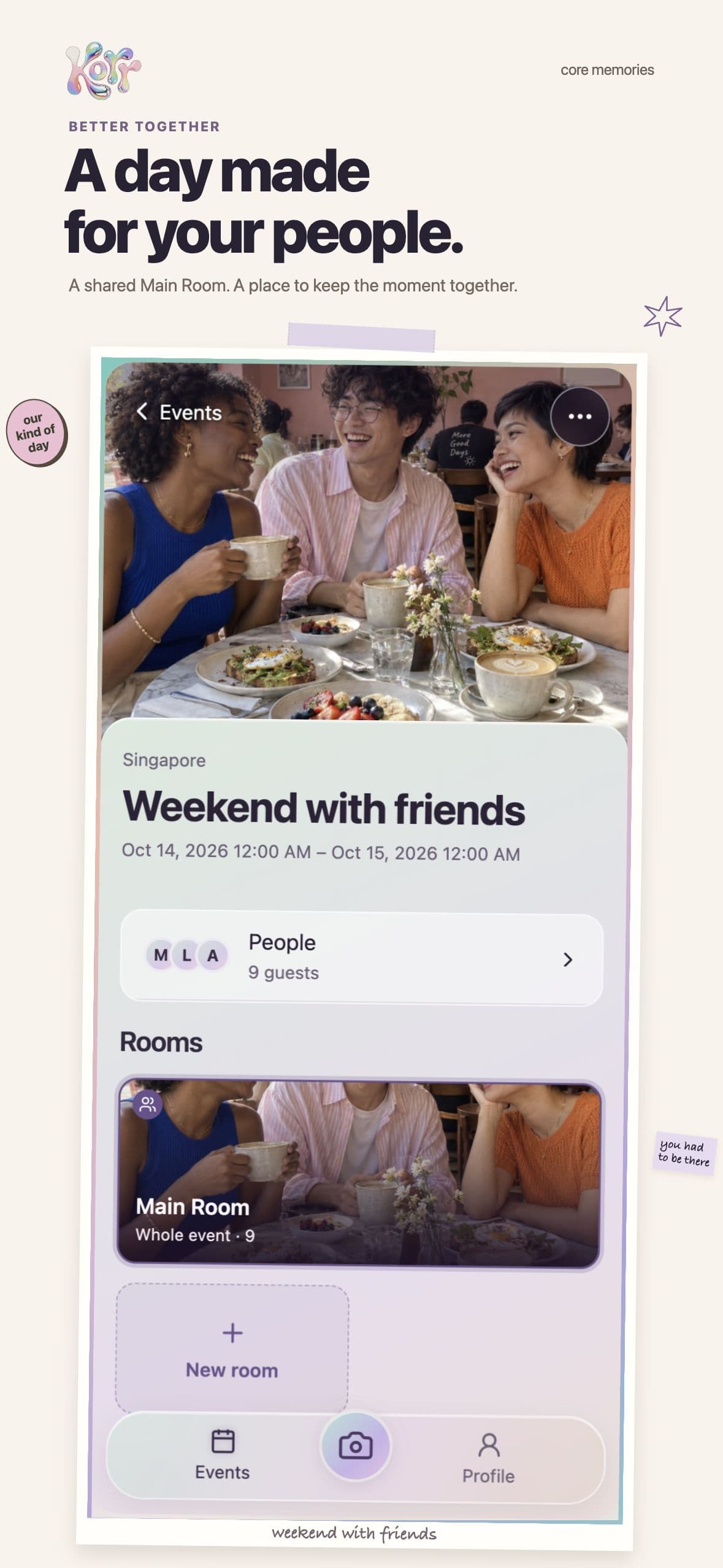 Korr's event interface shown in a scrapbook composition, with a fictional weekend gathering and its shared room