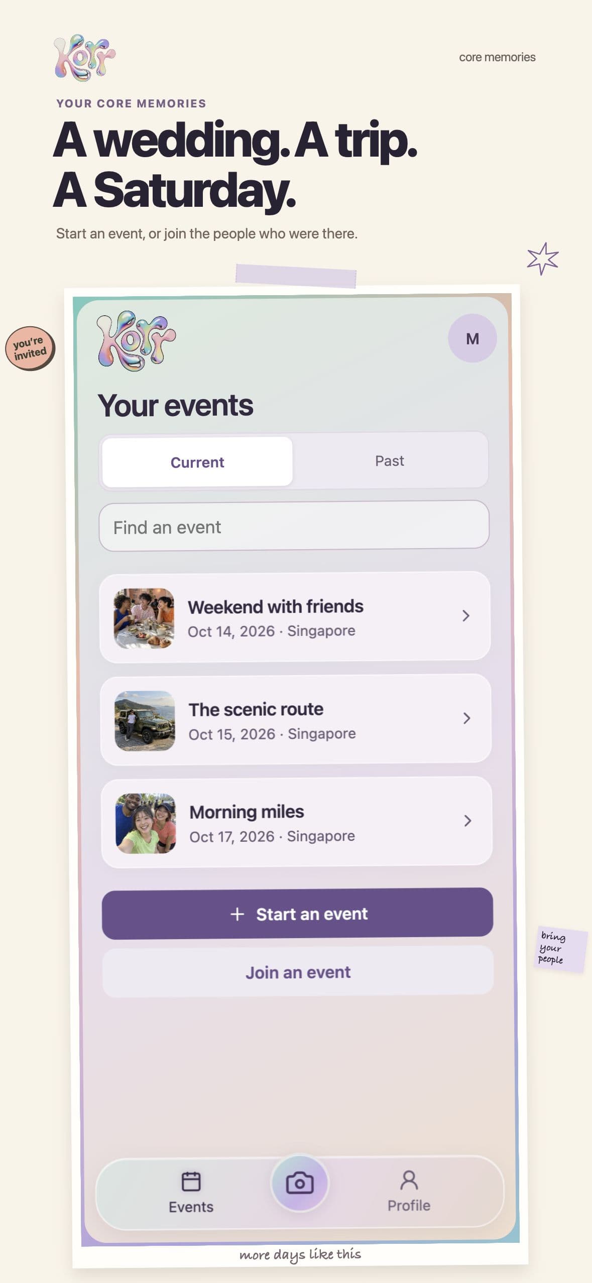 Korr's event collection showing fictional gatherings, trips, and everyday occasions to remember together