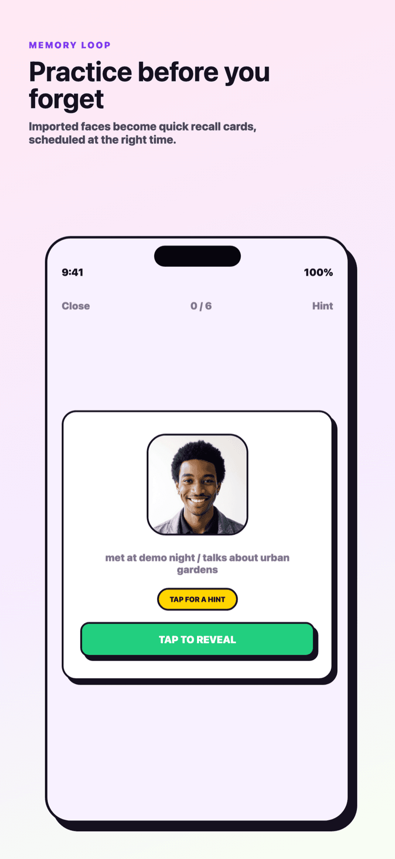 Namefinity's practice screen, using a face and a personal detail as prompts before revealing a name